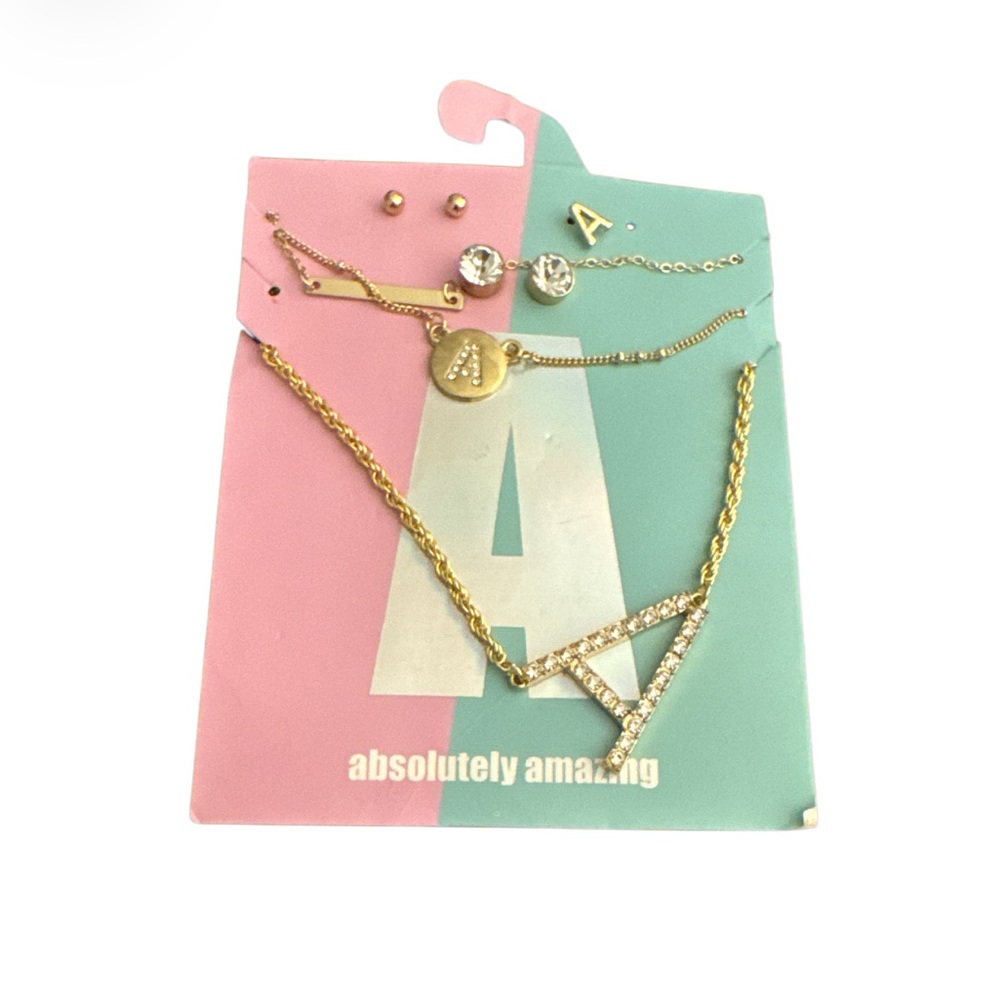 “A” Themed Gold Jewelry Set - One Earring Missing
